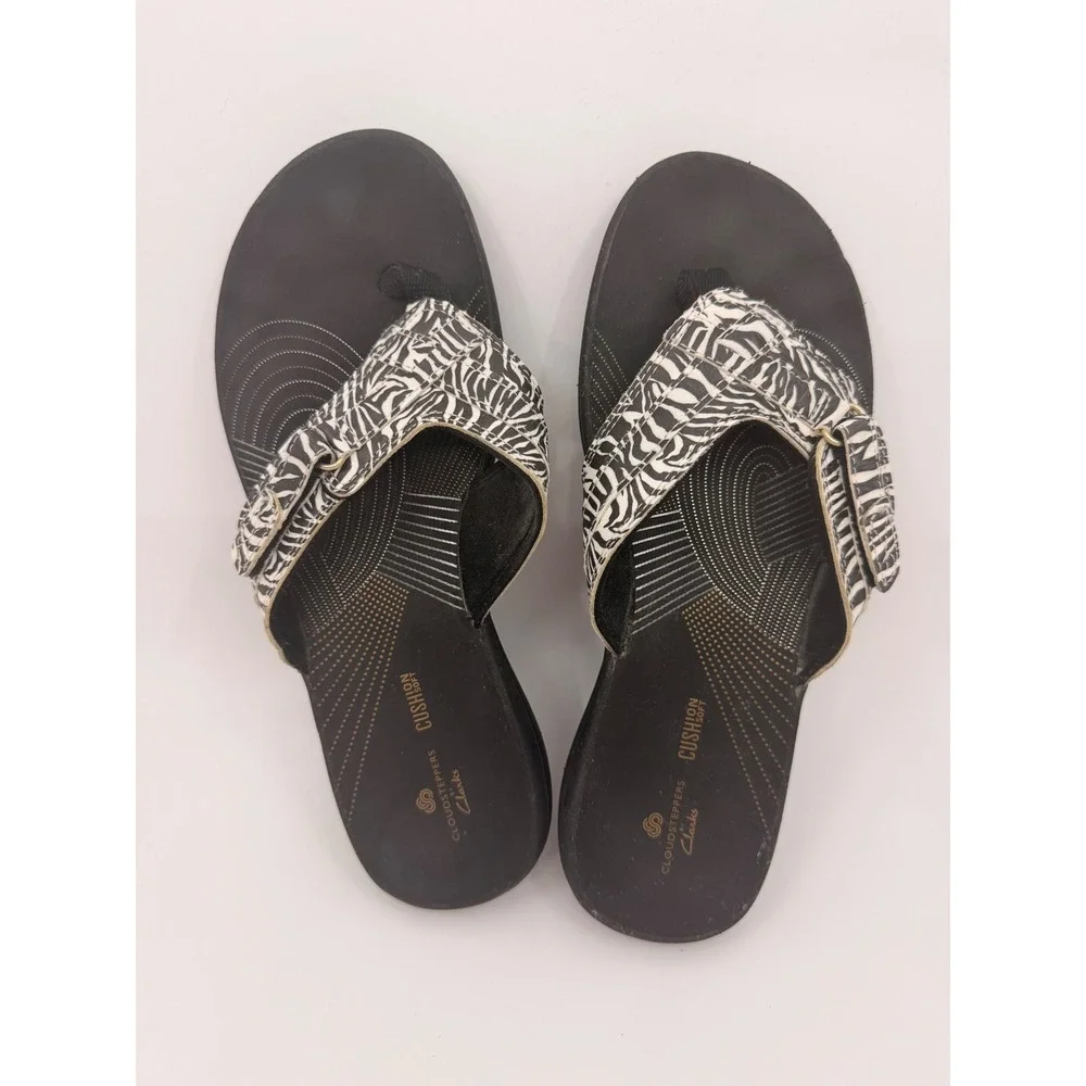 Clarks Cloudsteppers Womens Zebra Print Cushion Soft Thong Sandals Black White 7